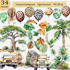 watercolor jungle clipart set with jeeps, palm trees and leopard printable balloons