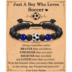 a bracelet that says, just a boy who loves soccer