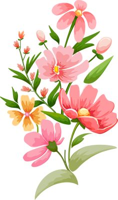 pink flowers with green leaves on a white background