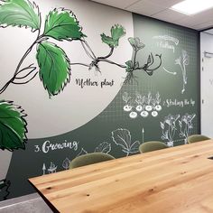 a conference room with a large mural on the wall and wooden table in front of it