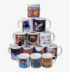 a stack of coffee mugs with different pictures on the front and back of them