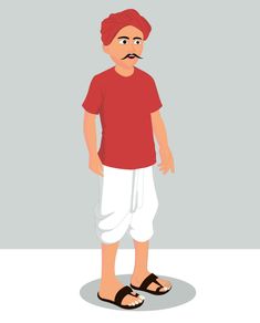 a man with a moustache standing in front of a gray wall wearing sandals and a red t - shirt