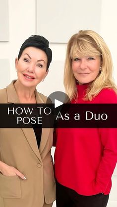 two women standing next to each other with the words how to pose as a duo