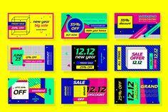 a set of colorful coupons with different price tags and numbers on the front, back and side