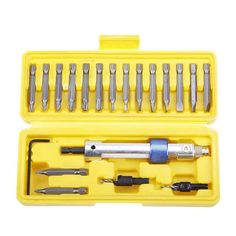 an assortment of tools in a yellow case