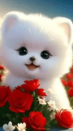 a small white teddy bear surrounded by red and white flowers in front of a blue sky