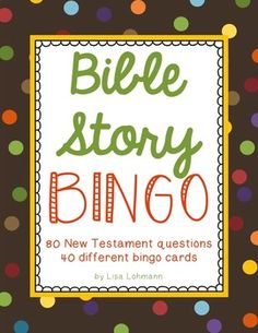 the bible story bingo book with colorful polka dots on brown and orange background, which reads'bible story bingo '