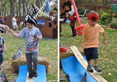 two pictures of children playing in the park, one has a pirate party jackon is 1 chickabug