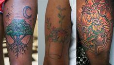 three different tattoos on the arms of people, one with flowers and tree in it