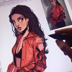 a drawing of a woman in a red jacket