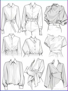 an image of women's blouses and shirts in different styles, all drawn by hand