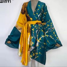 This Is A Stunner! Peacock Blue/Green And Rich Gold Japanese Wrap With Cherry Blossom Trees. Feels Like Silk. Oversized. Eyecatcher! Blue Floral Print Kimono For Fall, Spring Party Wrap Kimono, Green Kimono, Budget Outfits, Long Sleeve Kimono, Floral Print Kimono, Blue Kimono, Boho Cardigan, Summer Kimono