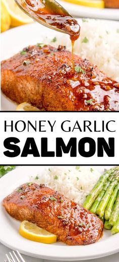 Collage of honey garlic salmon fillet at top and bottom. Soy Sauce Honey Garlic Marinade Salmon, Salmon For One Person, Salmon With Soy Sauce And Honey, Salmon Recipes With Soy Sauce, Salmon Recipes With Honey, Salmon Honey Garlic Soy Sauce, Honey Garlic Salmon Air Fryer, Garlic Salmon Recipes, Salmon Sides Dishes