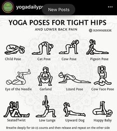 the yoga poses for tight hipss and lower back pain are shown in this poster