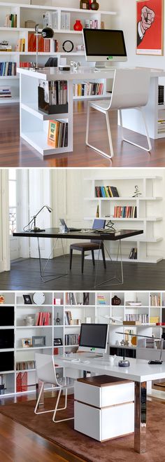 there are several different pictures of the same room with bookshelves and desks