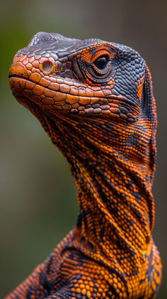 an orange and black lizard looking at the camera with its head turned to the side