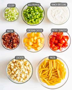 different types of vegetables are in bowls with the words, how to make pasta salad