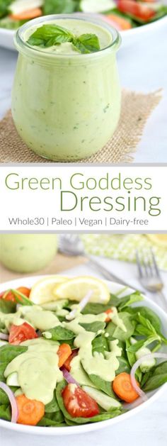 green goddess dressing in a glass jar on top of a white plate