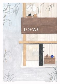 a painting with the words loewe on it in front of a window and grass