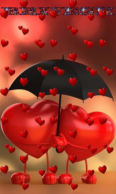 two hearts are holding an umbrella in the shape of heart's on a red background