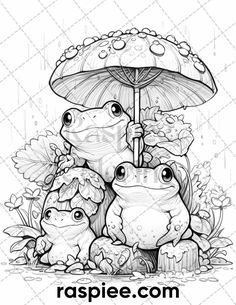 two frogs under an umbrella in the rain with their baby froggies on it's back