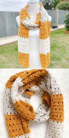 two different pictures of the same scarf on a mannequin stand, one with an orange and white crochet pattern