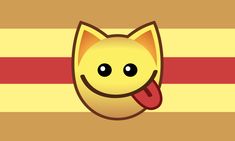 a yellow cat with a red tongue sticking out of it's mouth on a striped background