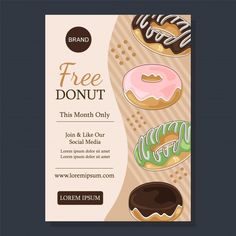 a flyer for a donut shop with different types of doughnuts on it