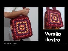 two pictures of a woman holding a crocheted bag with the words versao canoto written on it