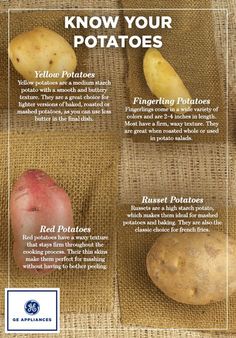 potatoes on burlap with information about them and how to use them for cooking