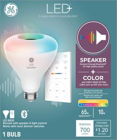 "Introducing the GE LED+ Bluetooth Speaker LED Light Bulb. Elevate your ambiance with multiple color options and immersive sound, all effortlessly controlled via a convenient wireless remote – no app, hub, or Wi-Fi required! With a spectrum of colors at your fingertips, our LED color changing light bulb allows you to tailor your environment to suit any mood or occasion. Whether it’s a cozy night in, a lively party, or a serene moment of relaxation, set the perfect atmosphere with just a tap. Our Color Changing Light Bulb, Party Mode, Led Spot, Flood Light, Color Changing Led, Led Light Bulbs, Light Control, Flood Lights, Led Light Bulb