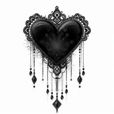 a black and white drawing of a heart with beads hanging from it's sides