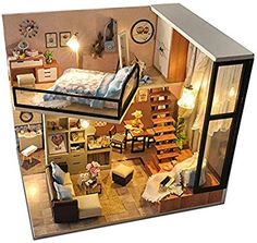 a doll house with furniture and lights inside