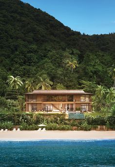 the house is surrounded by lush vegetation and palm trees, along with an ocean view