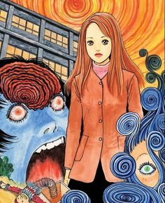 a woman standing in front of a monster with her eyes open