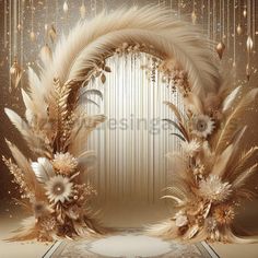 an artistic photo with gold feathers and flowers in front of a golden wallpapered background