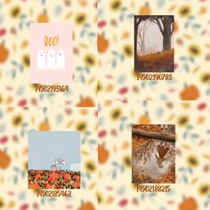 four different pictures with animals and trees in them on a flowered wallpaper background