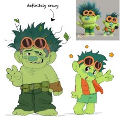 an image of a cartoon character with green hair and goggles, in different poses