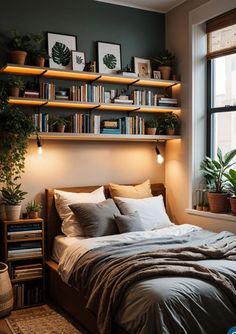 a bed sitting under a window next to a book shelf filled with books and plants