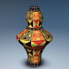 an artistic vase is shown on a gray background with red, yellow and black designs