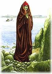 a painting of a woman standing on rocks by the water