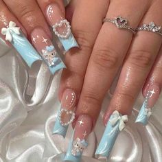 Super Cute And Stylish Ships In 5-10 Business Days Paznokcie Hello Kitty, Baby Blue Nails, Pearl Love, Cute Acrylic Nail Designs, Hello Kitty Nails, Really Cute Nails, Blue French