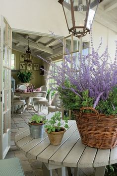 an outdoor patio with potted plants on the table and hanging lights above it,