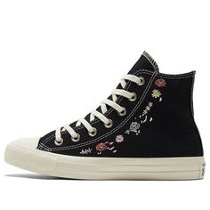 The Converse Chuck Taylor All Star High 'Embroidered Floral Black' is a timeless classic with an iconic silhouette. This sneaker is perfect for expressing your individual style and personality. The rubber sole provides comfort and durability, while the embroidered floral design adds a unique touch. This shoe is perfect for any activity, from everyday errands to nights out. The Chuck Taylor All Star series has been a symbol of self-expression and originality since 1917, connecting countless celebrities and icons to music, art, fashion and creativity. Show off your style with the Converse Chuck Taylor All Star High 'Embroidered Floral Black'. (SNKR/Women's/High Top/Embroidery) Casual High-top Sneakers With Embroidered Graphics, Casual Embroidered Converse Sneakers, Black High-top Sneakers With Floral Embroidery, Embroidered Black Lace-up Sneakers, Black Embroidered Lace-up Sneakers, Black Low-top Sneakers With Floral Embroidery, Black Lace-up Sneakers With Floral Embroidery, Black Converse High Tops, Converse Design