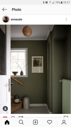 an image of a room with green walls and white trim on the door, window, and radiator