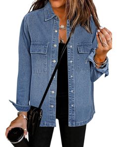 PRICES MAY VARY. This denim shirts for women trendy shacket jacket women can spice up your outfits. You can wear as a jacket over sweaters/basic long sleeve shirts in fall or winter. Also, you can wear it with a crop top paired with jeans/shorts/skirts in spring or summer. Feature: 100% Cotton, Shirt Neck, Front Button Closures, Two Pockets, Long Sleeves with Button Cuffs, Lightweight. It is not recommended to put the soft jean jacket women in the dryer. Constructed with premium quality fabric a Jean Jackets For Women, Basic Long Sleeve Shirt, Fashion Oversized, Jeans Claro, Womens Denim Shirt, Trendy Hat, Light Jeans, Jacket With Pockets