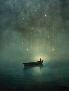 a painting of a man in a boat floating on the water with stars above it