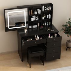 a black desk with drawers and a mirror above it