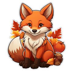 a sticker with an image of a fox sitting in front of leaves and acorns