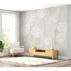 a living room scene with focus on the flower wallpaper